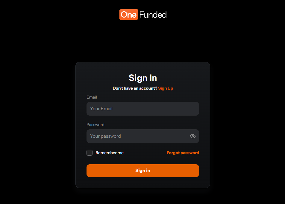 OneFunded dashboard interface showing trading charts and account metrics for crypto traders.