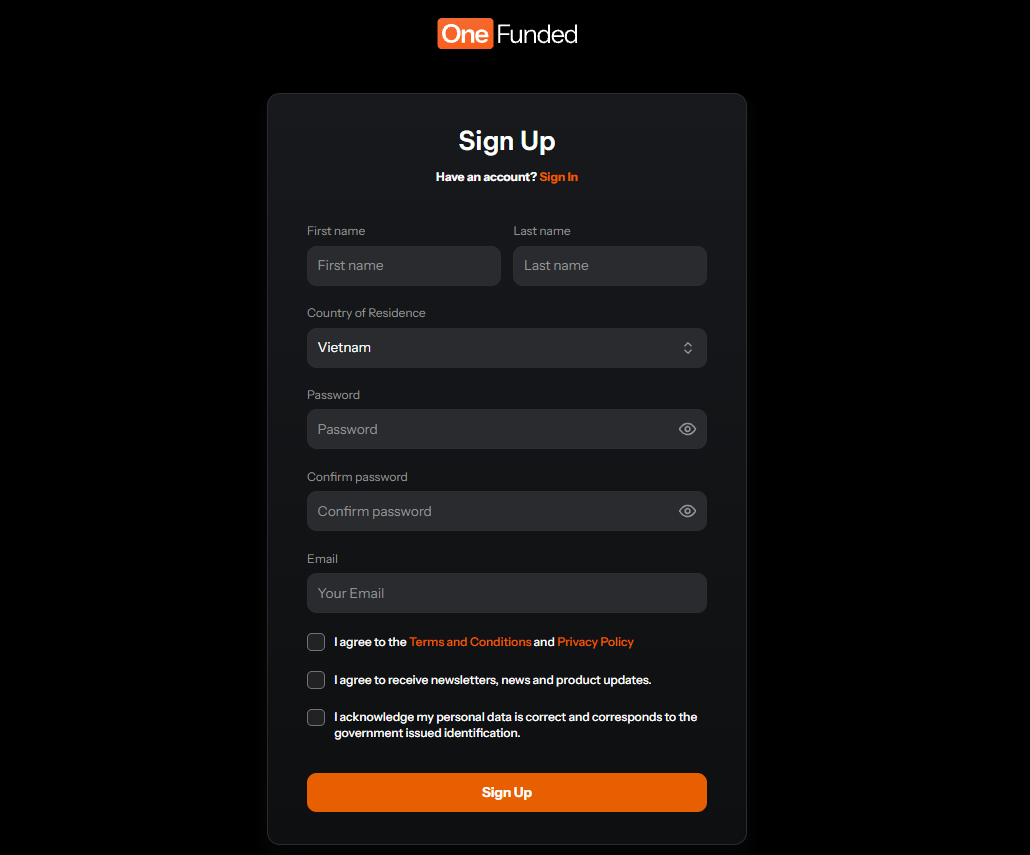 OneFunded account metrics and performance analysis chart for funded traders.